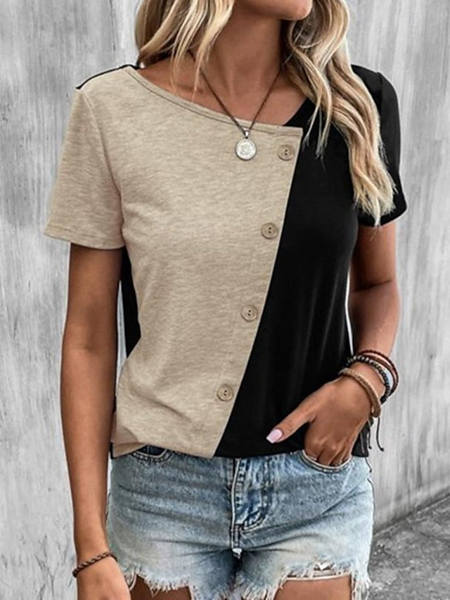 Women's T shirt Tee Color Block Daily Weekend Button White Short Sleeve Fashion V Neck Summer