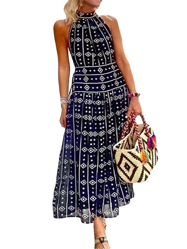 Women's Casual Dress A Line Dress Summer Dress Geometric Print Halter Long Dress Maxi Dress Fashion Streetwear Outdoor Street Sleeveless Loose Fit Navy Blue Summer Spring S M L XL XXL - LuckyFash™