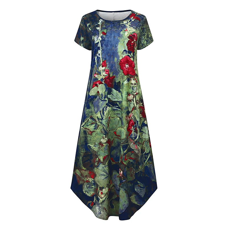 Women‘s Shift Dress Maxi long Dress Green Blue Gray Dark Blue Short Sleeve Floral Pocket Print Spring Summer Crew Neck Casual 2023 S M L XL XXL XXXL