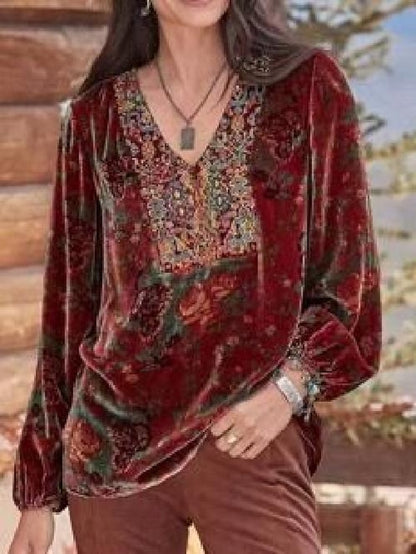 Women's Shirt Boho Shirt Blouse Velvet Floral Party Christmas New Year Print Yellow Long Sleeve Basic V Neck Spring Fall