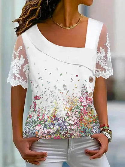 Women's Shirt Lace Shirt Blouse Floral Casual Holiday Lace Print White Short Sleeve Elegant Fashion Basic V Neck