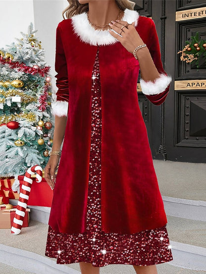 Women's Velvet Dress Sequin Dress Party Dress Velvet Sequins Patchwork Crew Neck Long Sleeve Midi Dress Christmas Wine Spring Winter