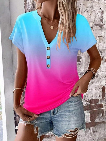 Women's T shirt Tee Ombre Color Gradient Daily Going out Print Yellow Short Sleeve Stylish V Neck Summer