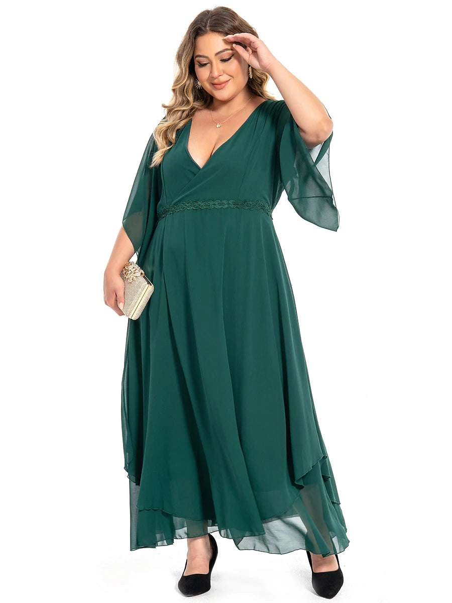 Women‘s Plus Size Curve Casual Dress Swing Dress Plain Long Dress Maxi Dress 3/4 Length Sleeve Layered V Neck Basic Outdoor Dark Green Summer Spring Wedding Guest Dress