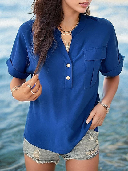 Women's Shirt Blouse Plain Daily Button Pocket Blue Short Sleeve Casual V Neck Summer