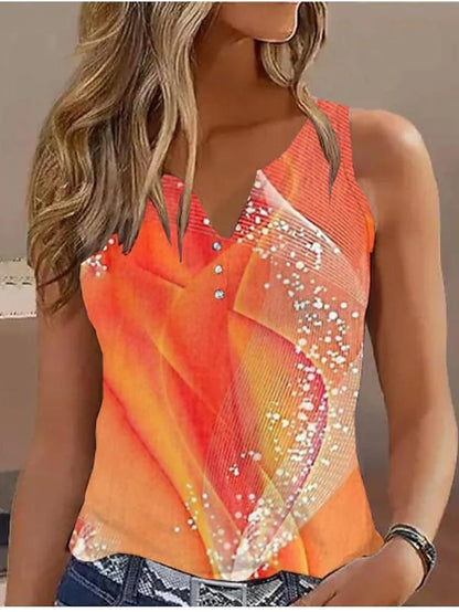 Women's Tank Top Graphic Casual Button Print Blue Sleeveless Basic Neon & Bright V Neck