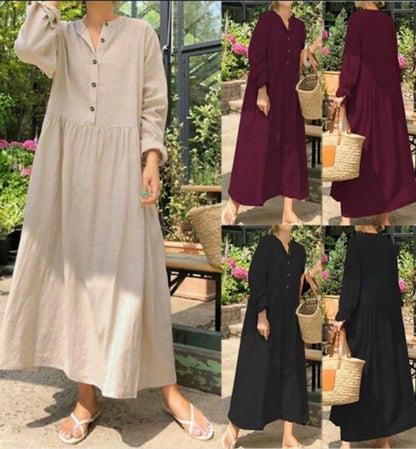 Women's Shirt Dress Casual Dress Cotton Linen Dress Maxi long Dress Button Basic Daily Split Neck Long Sleeve Summer Spring Black Wine Plain