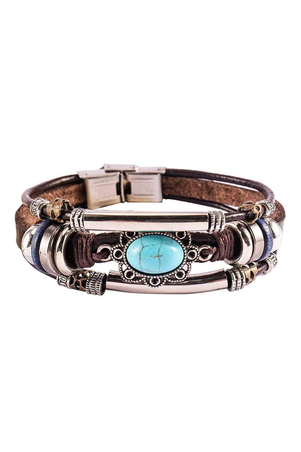 Unique Brown Turquoise Layered Faux Leather Bracelet