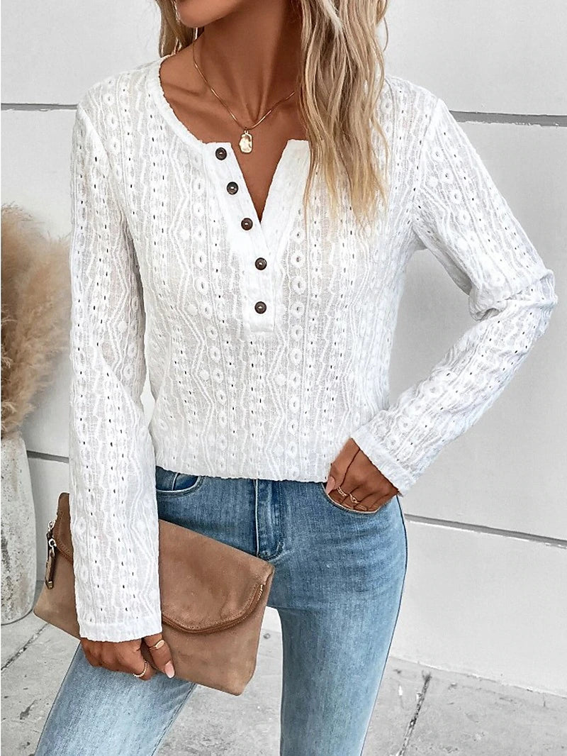 Women's Shirt Lace Shirt Blouse Eyelet top Cotton Textured Color Block Plain Work Button Black Long Sleeve Fashion Round Neck Spring &  Fall