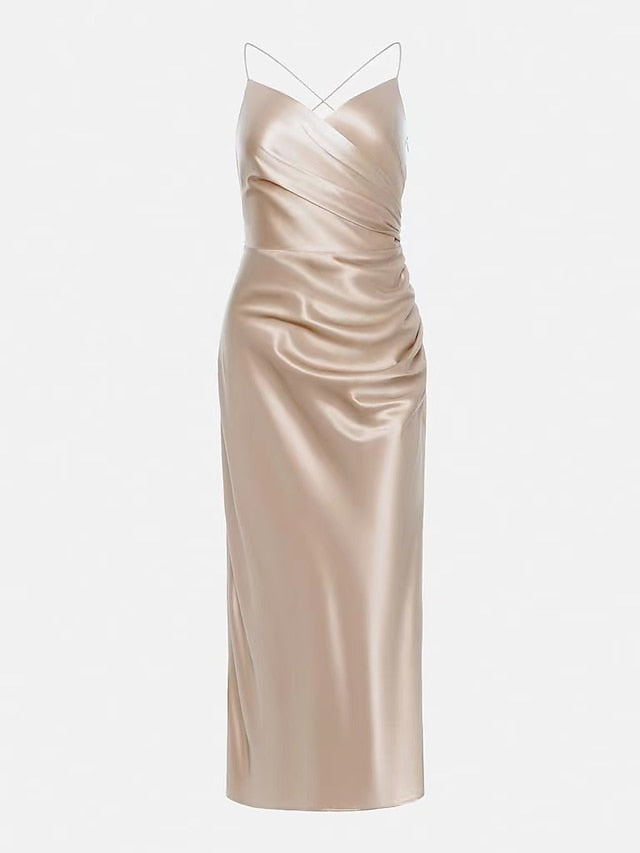 Womenâ€˜s Satin Dress Midi Dress Champagne Sleeveless Pure Color Split Ruched Spring Summer V Neck Stylish Elegant Sexy 2022 S M L XL - LuckyFash™