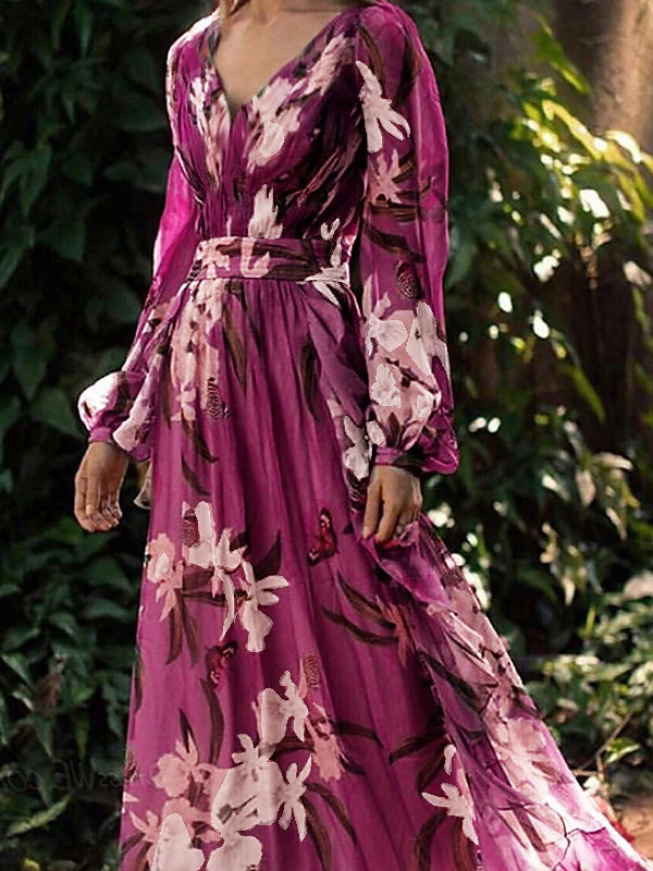 Women's Swing Dress Long Dress Maxi Dress Purple Long Sleeve Floral Print Winter Fall Autumn V Neck Winter Dress Fall Dress Loose Fit 2023 S M L XL XXL