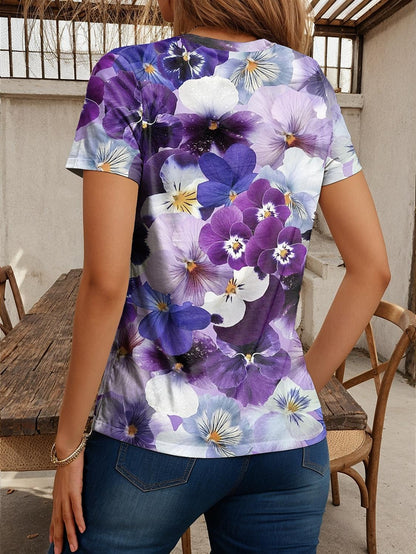 Women's T shirt Tee Floral Daily Print Navy Blue Short Sleeve Fashion V Neck Summer