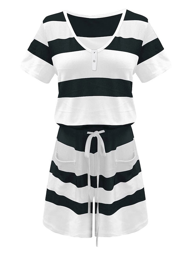 Women's Romper Pocket Print Striped V Neck Streetwear Street Daily Regular Fit Short Sleeve Black White Pink S M L Summer - LuckyFash™