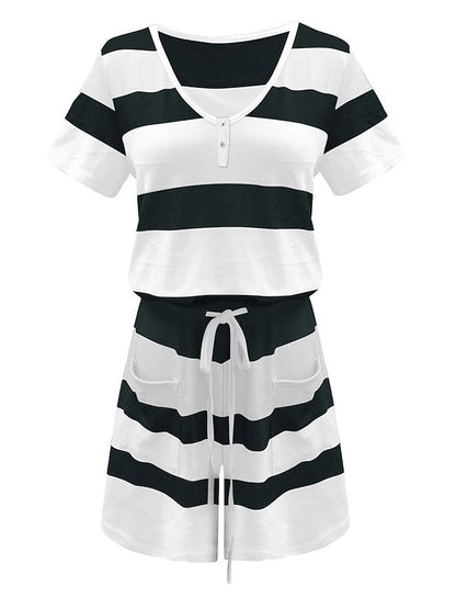 Women's Romper Pocket Print Striped V Neck Streetwear Street Daily Regular Fit Short Sleeve Black White Pink S M L Summer - LuckyFash™