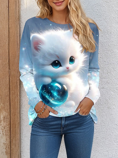 Women's T shirt Tee Cat 3D Daily Weekend Print Light Green Long Sleeve Fashion Funny Round Neck Spring &  Fall