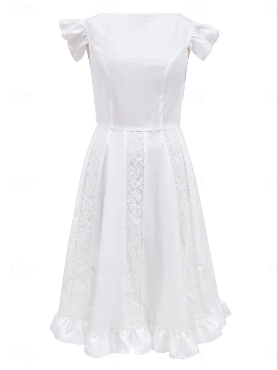 Women's White Dress Casual Dress Swing Dress Midi Dress Ruffle Date Vacation Elegant Streetwear Crew Neck Sleeveless White Color