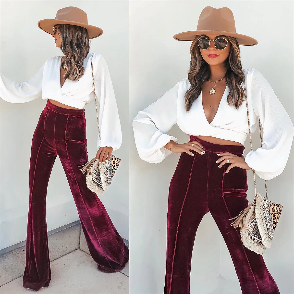 Women‘s Bell Bottom Pants velvet Trousers Full Length Fashion Streetwear Outdoor Street Black Wine S M Fall Winter