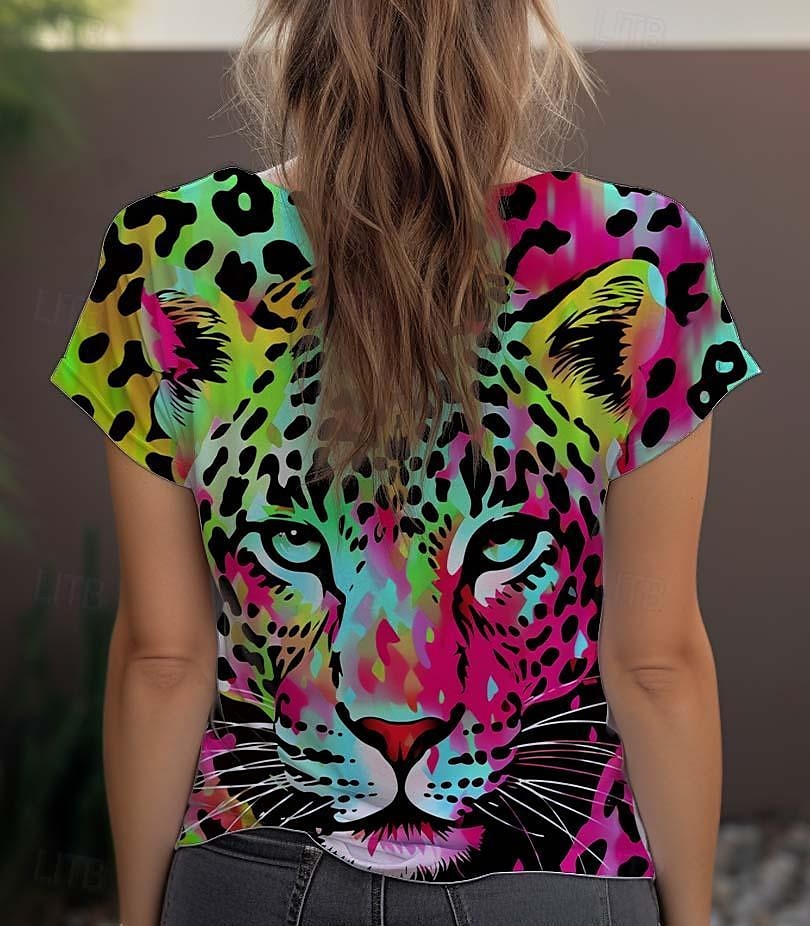 Women's T shirt Tee Leopard Daily Weekend Print Blue Short Sleeve Fashion Crew Neck Summer