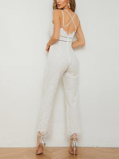 Womenâ€˜s Casual Party Street Holiday Deep V 2023 White Black Wine Jumpsuit Solid Color Zipper - LuckyFash™