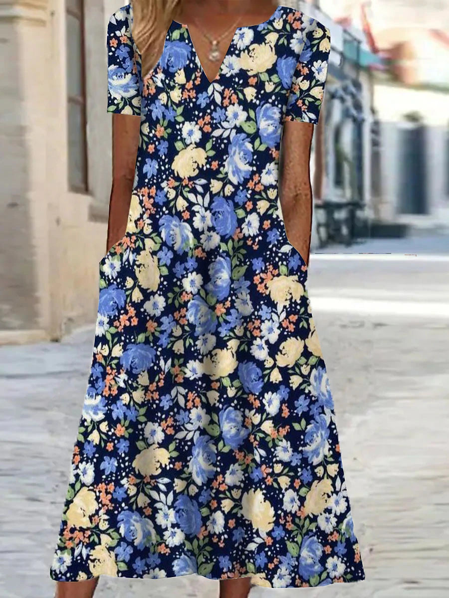 Women's Shift Dress Floral Print V Neck Midi Dress Vacation Short Sleeve Summer Spring