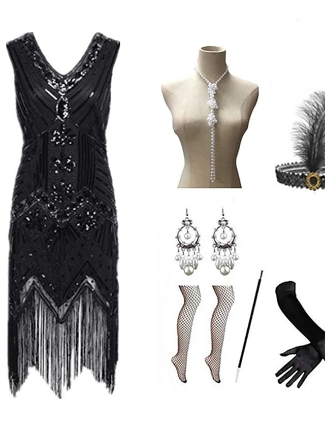 The Great Gatsby Charleston Plus Size Roaring 20s 1920s Cocktail Dress Vintage Dress Flapper Dress Prom Dress Prom Dresses Women's Feather Costume Vintage Cosplay 1 Necklace New Year - LuckyFash™