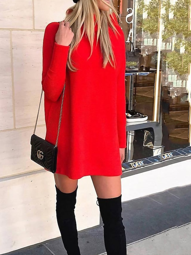 Women's Sweater Dress Pullover Sweater Jumper Turtleneck Ribbed Knit Polyester Oversized Fall Winter Outdoor Daily Holiday Stylish Casual Soft Long Sleeve Solid Color Black White Red S M L