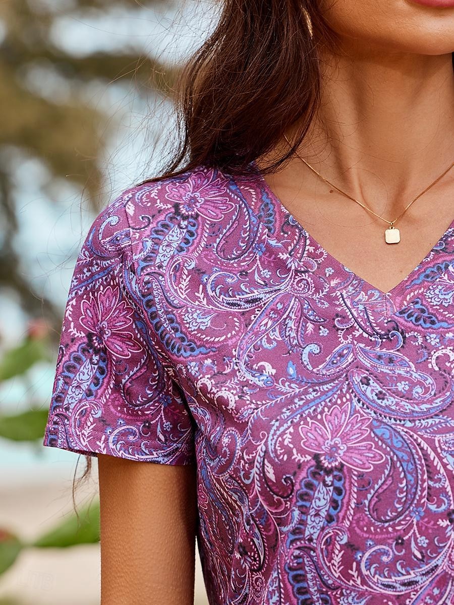 Women's T shirt Tee 100% Cotton Paisley Party Casual Daily Print Purple Short Sleeve Ethnic Boho Print Round Neck All Seasons