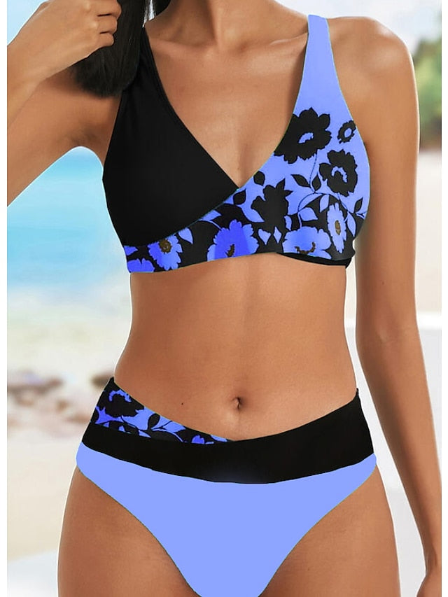 Women's Swimwear Bikini 2 Piece Normal Swimsuit High Waisted Color Block Floral Print Green Blue Yellow Rosy Pink Royal Blue Padded V Wire Bathing Suits Sports Vacation Sexy / New - LuckyFash™