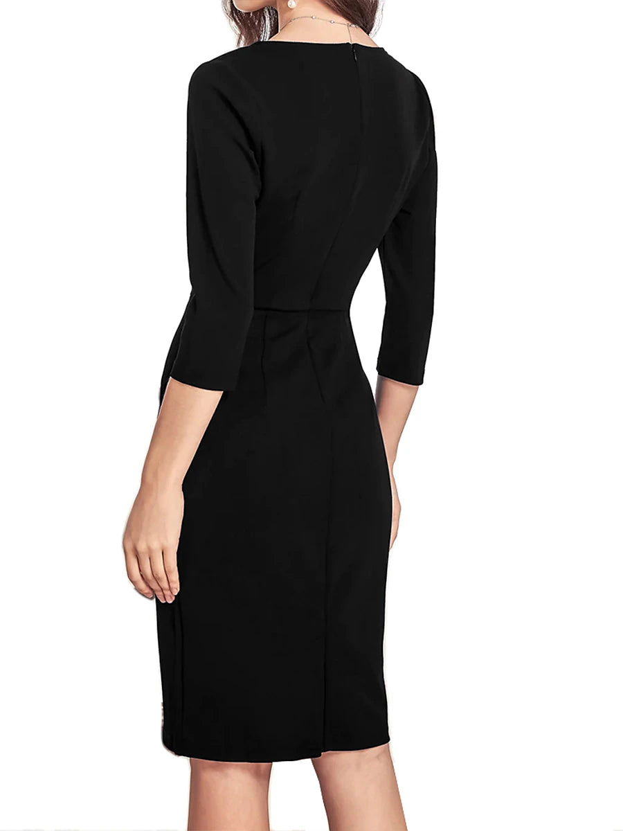 Women's Work Dress Shift Dress Sheath Dress Elegant Office Daily Midi Dress Patchwork V Neck 3/4 Length Sleeve Plain Regular Fit Black Spring Fall S M L XL XXL