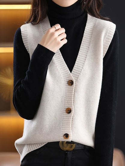 Women's Sweater Vest V Neck Ribbed Knit Polyester Knit Button Summer Fall Daily Holiday Going out Stylish Casual Soft Sleeveless Pure Color Black Khaki Beige One-Size