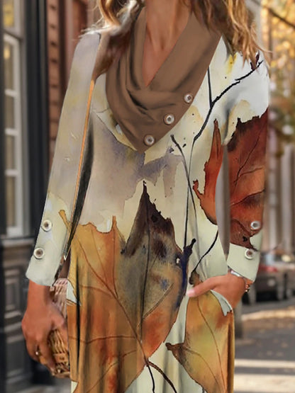 Women's Winter Dress Leaf Print Cowl Neck Long Dress Maxi Dress Daily Long Sleeve Fall Winter