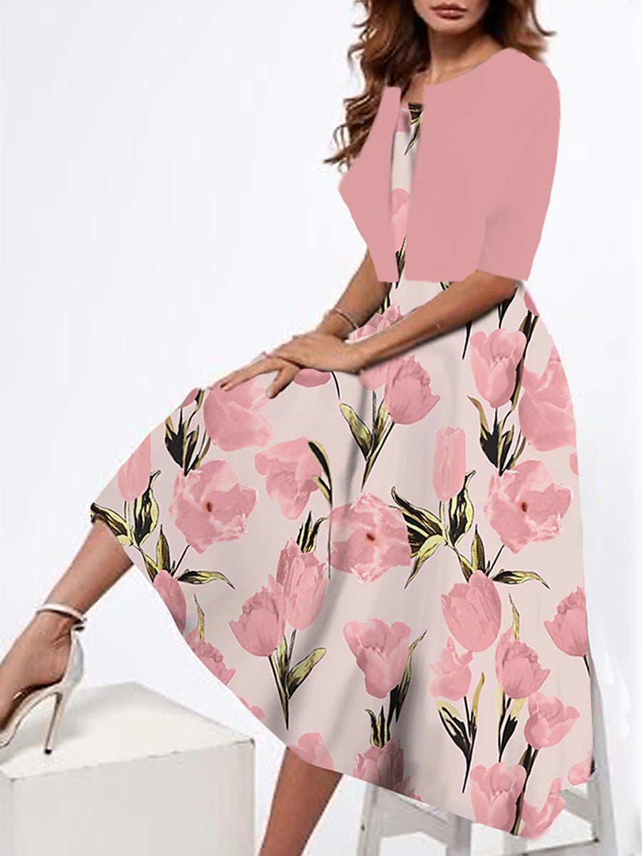 Women's Two Piece Dress Set Casual Dress Tank Dress Print Dress Outdoor Daily Fashion Streetwear Print Midi Dress Strap Half Sleeve Floral Loose Fit Pink Dark Pink Peach Summer Spring S M L XL XXL