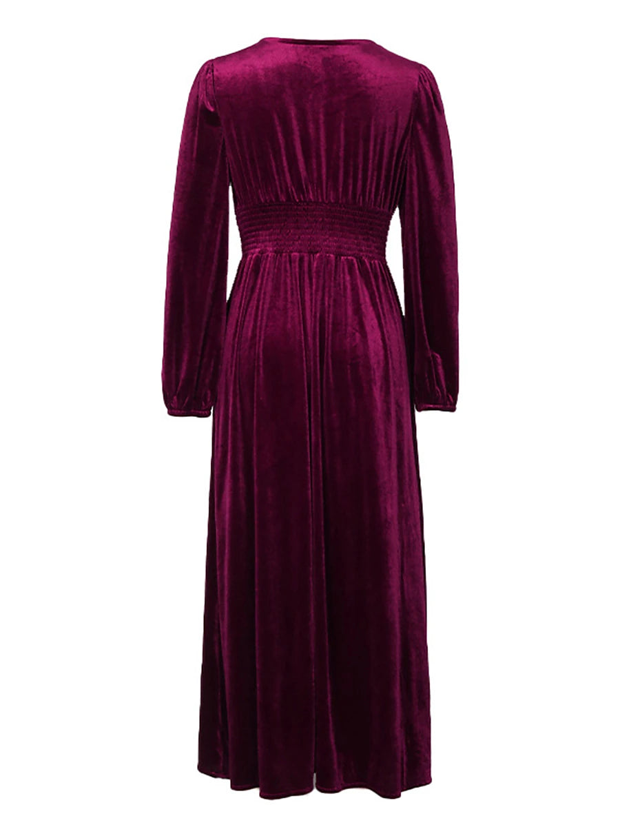 Women's Velvet Dress Casual Dress Winter Dress Long Dress Maxi Dress Lace Ruched Daily Date Elegant Fashion V Neck Long Sleeve Wine Color