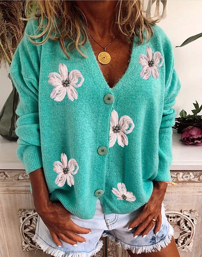 Women's Sweater Cardigan Sweater V Neck Knit Acrylic Embroidered Knitted Spring Fall Winter Daily Holiday Stylish Chic & Modern Casual Long Sleeve Floral Maillard Red Green Gray S M L