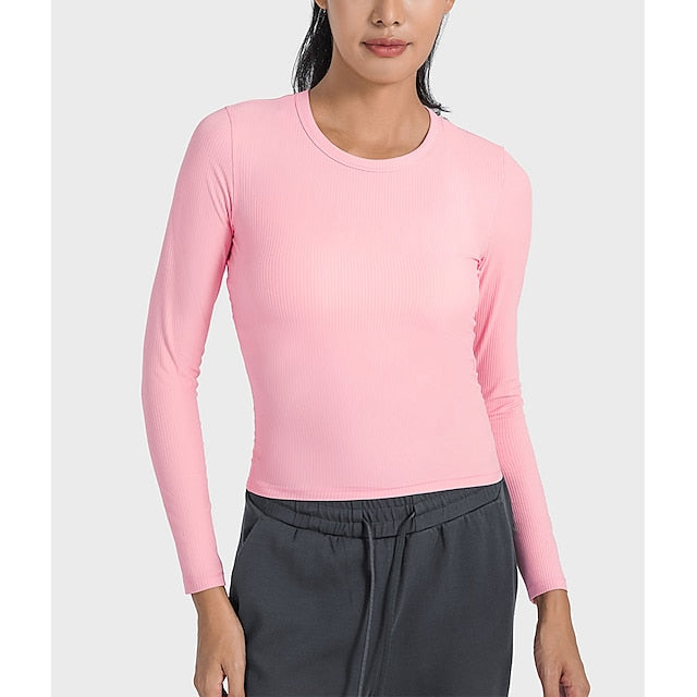 Women's Running T-Shirt Solid Color Yoga Fitness Ribbed Black White Pink Crew Neck High Elasticity Spring &  Fall