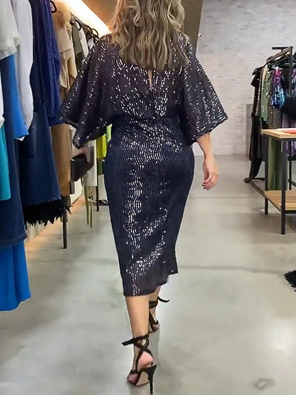 Women's Sequin Dress Party Dress Cocktail Dress Sequins Sparkle V Neck 3/4 Length Sleeve Midi Dress Navy Blue Spring Winter