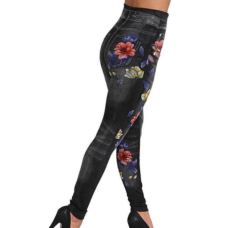 Women's Tights Leggings Jeggings Print Flower / Floral Tummy Control Butt Lift Ankle-Length Casual Weekend Faux Denim Fashion Skinny Black Blue High Waist High Elasticity