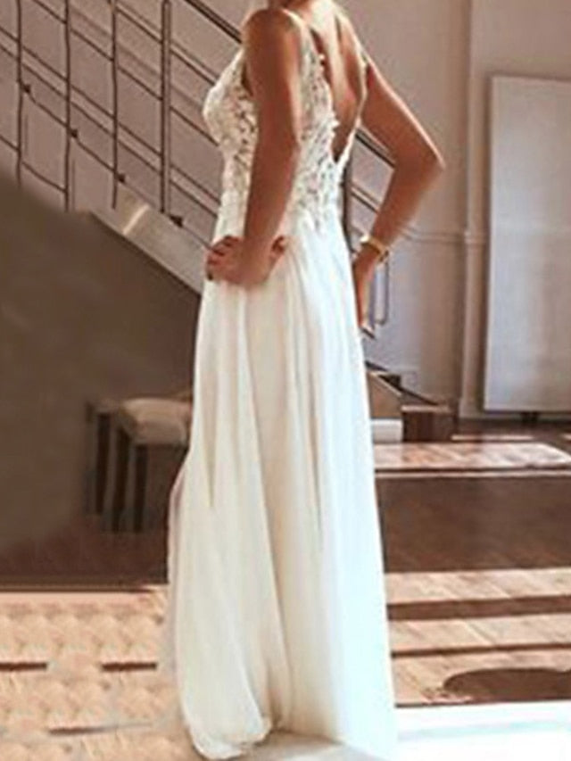 Beach Wedding Dresses A-Line V Neck Sleeveless Floor Length Chiffon Bridal Gowns With Appliques Split Front 2023 Summer Wedding Party, Women's Clothing - LuckyFash™