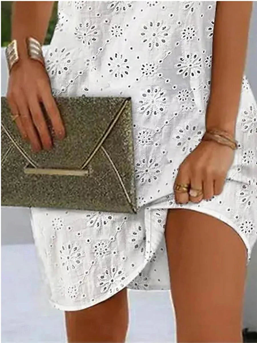 Women's Work Dress White Dress A Line Dress Elegant Daily Workfashion Mini Dress Embroidered Hollow Out V Neck Sleeveless Floral Geometric Loose Fit White Summer Spring S M L XL XXL