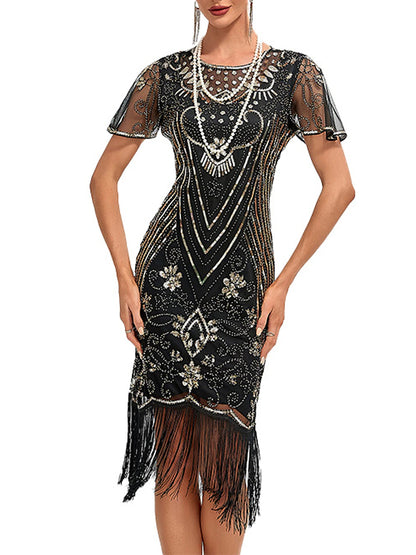 Women's Sequins Tassel Fringe Sequin Dress Midi Dress Elegant Floral Crewneck Short Sleeve Party Halloween Spring Fall Silver Black