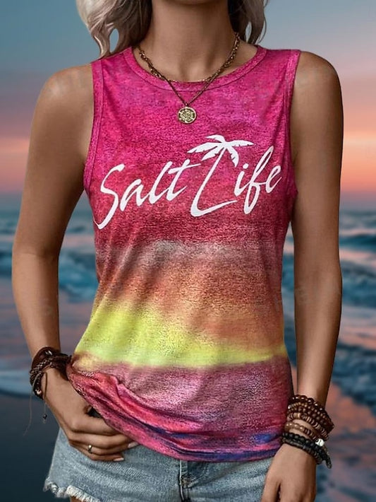 Women's Tank Top Gradient Pink Yellow Beach Palm Tree Graphic Print Casual Vacation Sleeveless Tropical Crew Neck Summer