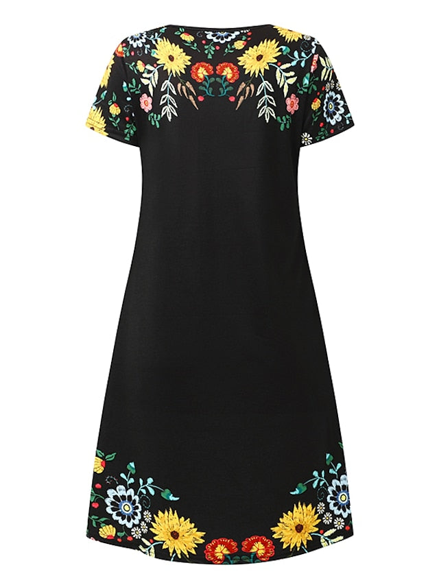Women's Casual Dress Shift Dress Floral Dress Mini Dress Black Blue Purple Short Sleeve Floral Ruched Summer Spring Square Neck Fashion Vacation Summer Dress 2023 S M L XL XXL 3XL - LuckyFash™