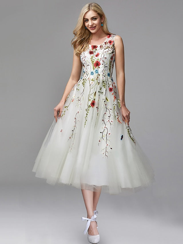 A-Line Prom Dresses Floral Dress Engagement Tea Length Sleeveless Jewel Neck Chiffon with Lace Insert Appliques 2023 - LuckyFash™