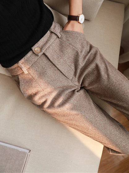 Women‘s Dress Pants Herringbone Pant Fleece Flannel Cropped Pants Ankle-Length Fashion Streetwear Office Work Black ash-colored S M Fall Winter