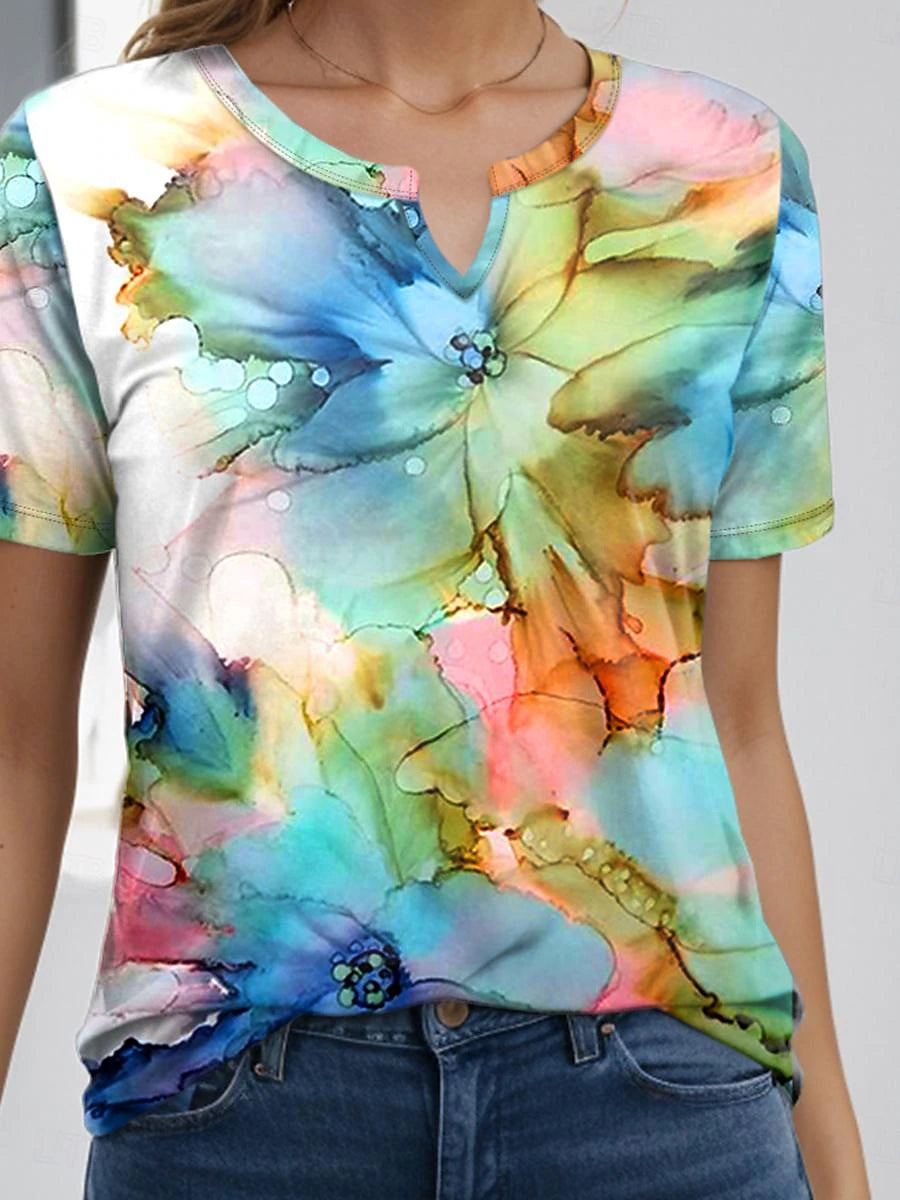 Women's T Shirt Tee Tie Dye Floral Print Blue Short Sleeve Casual Vacation Stylish V Neck Summer