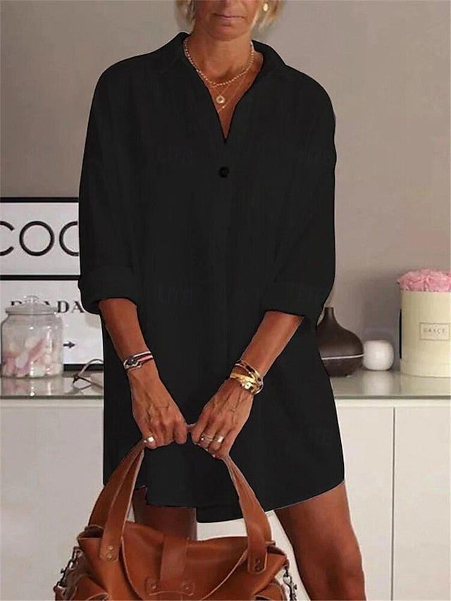 Women's White Dress Shirt Dress Casual Dress Mini Dress Cotton Button Pocket Basic Daily Shirt Collar Long Sleeve Summer Spring Black White Plain