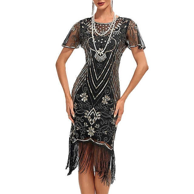 Women's Sequins Tassel Fringe Sequin Dress Midi Dress Elegant Floral Crewneck Short Sleeve Party Halloween Spring Fall Silver Black