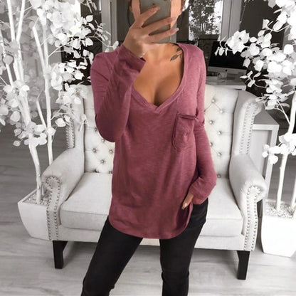 Women's T shirt Tee Tunic Black White Pink Solid Colored Pocket Long Sleeve Casual Daily Basic V Neck Regular Loose Fit S