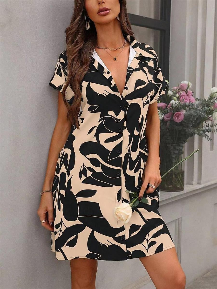 Women's Shirt Dress Casual Dress Mini Dress Date Vacation Polyester Modern Casual Shirt Collar Button Print Short Sleeve Summer Spring Loose Fit White Red Blue Floral Leaf S M L XL 2XL