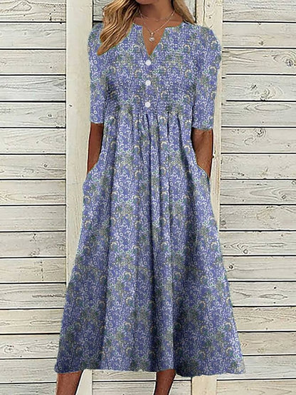 Women's Casual Dress Summer Dress Print Dress Graphic Floral Ruched Button V Neck Midi Dress Fashion Mature Daily Vacation Short Sleeve Regular Fit Blue Dark Blue Summer Spring S M L XL XXL - LuckyFash™